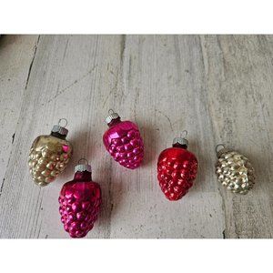 Vintage shiny brite radko raspberry glass ornament silver pink set red